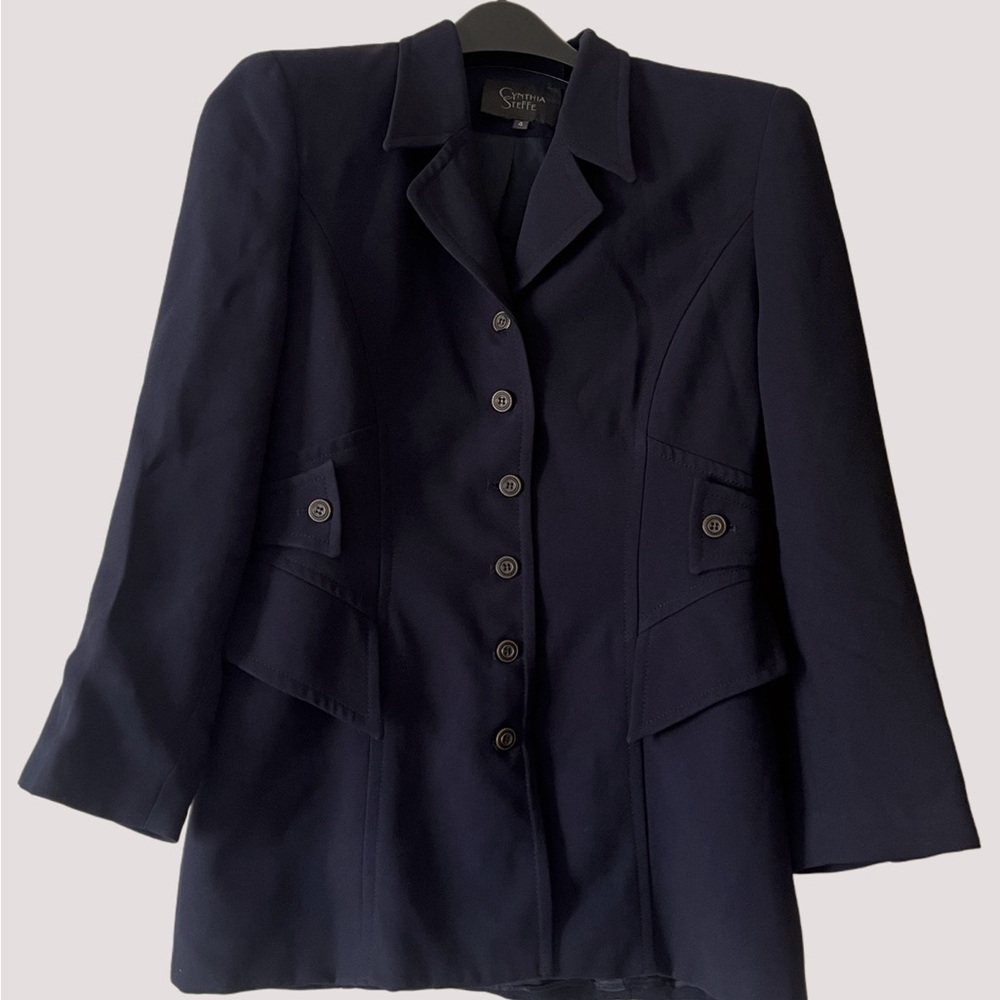 Vintage 90s Cynthia Steffe Navy Structured Blazer Padded Shoulders - Made in USA
